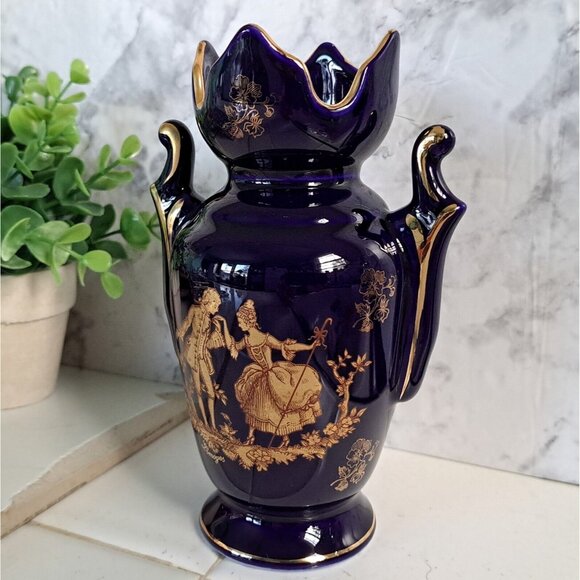 AMPHORA COBALT BLUE MADE IN ENGLAND AND HAND EMBELLISHED IN LIMOGES FRANCE - Picture 4 of 16